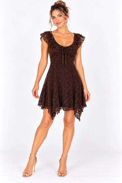No Comment Dresses & Skirts - NWT No Comment Dark Brown Lace Ruffle Asymmetrical Stretch Knee Length Dress